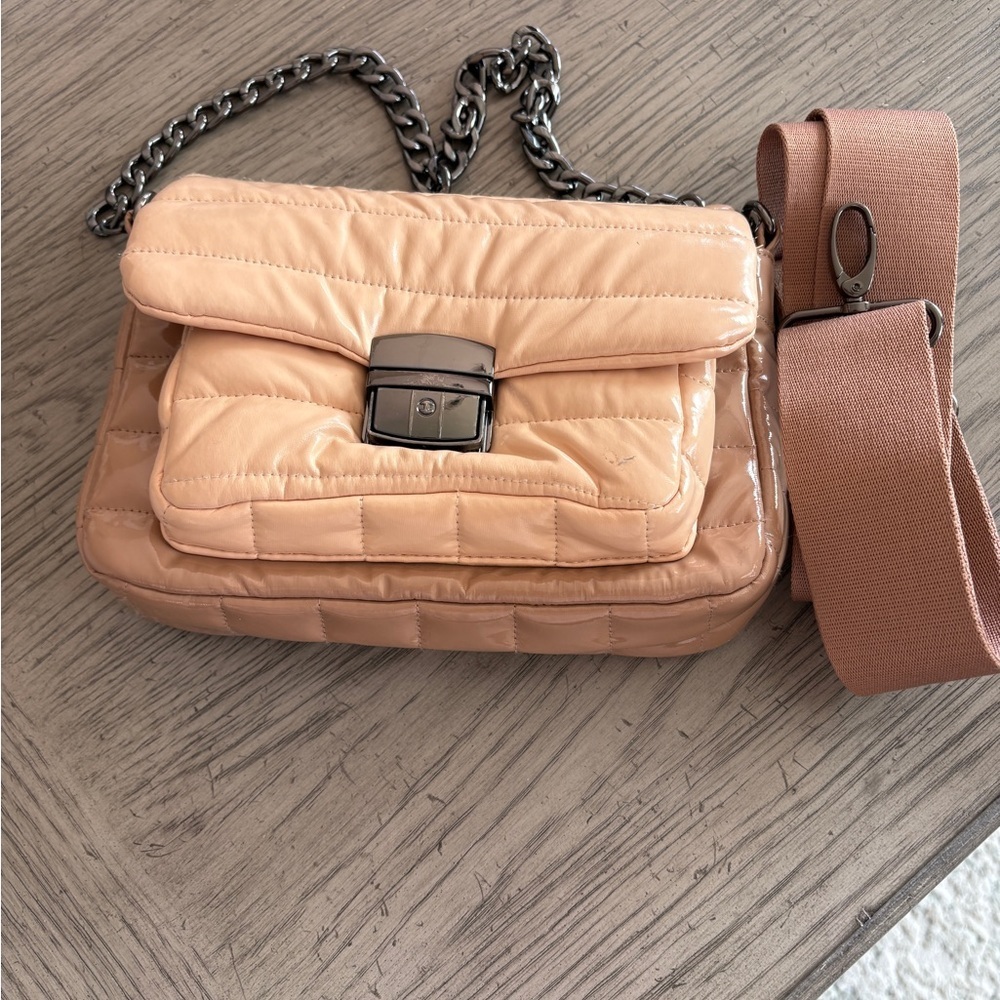 Royln Peach Leather Crossbody Bag with Chain Strap and Cloth Strap